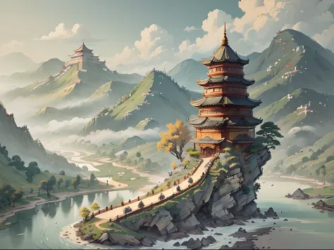 A landscape with mountains and rivers of parchment in the style of ((chino antiguo)) pagoda & Mountains A ((Little Chinese Drago...