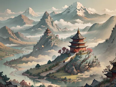 A landscape with mountains and rivers of parchment in the style of ((chino antiguo)) pagoda & Mountains A ((Little Chinese Drago...