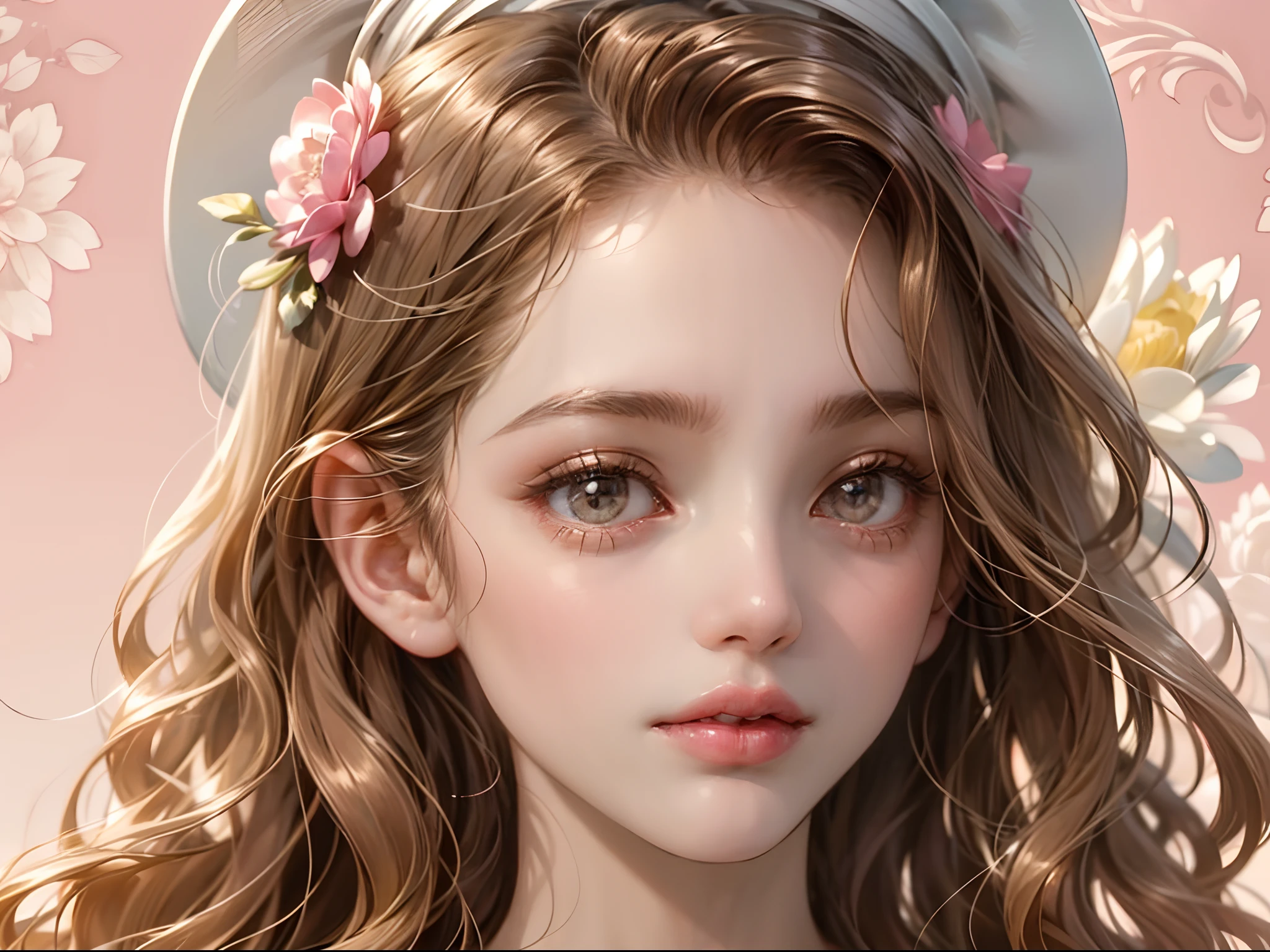 1 year old ，closeup of face，Chubby little face，Big round eyes，Curly hair，Long hair，Q version avatar，Moe，Cute style，Delicate and exquisite，Head portrait，Close-up of the head，Lotus pink background，the soft light