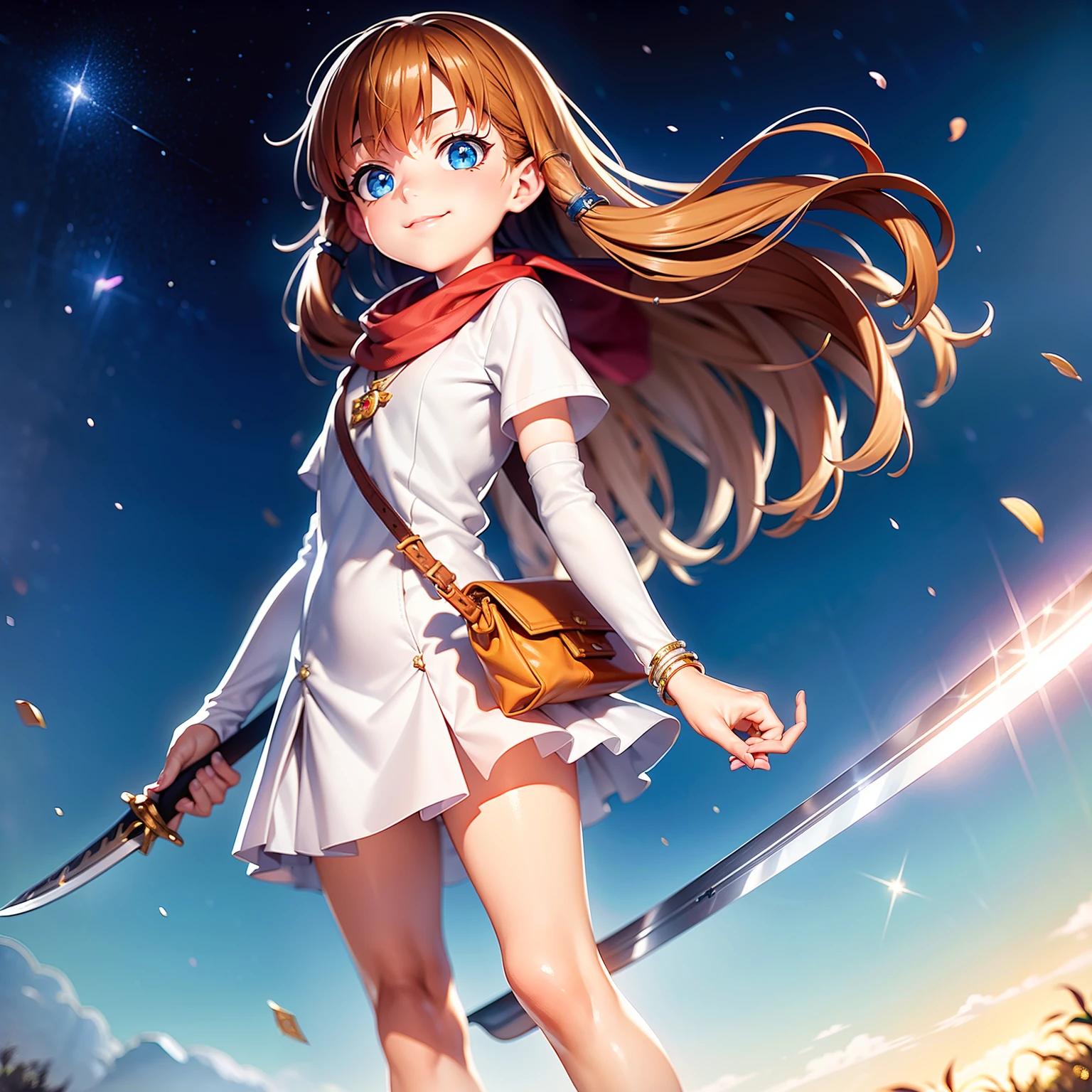 solo, pure happiness, Ultra-detailed, (Realistic, Photorealistic:1.0), vibrant colors, (winter background), heaven, falling snowflakes, cute lonely selfish 1girl heroine, (holding a magical sword), wicked smirk, mean, standing, walking, flat chest, skinny, very thin legs, anorexic, ((young)), school girl uniform with fishnets, handbag, school bag, purse, silk arm warmers, short skirt, high heeled boots, red scarf, brown hair, luxurious jewelries, necklaces, pendants, bracelets, earrings, tiara, (glowing shiny magical blue eyes), looking down at viewer, (from below), hair ribbon, hair flower, depth of field, cinematic lighting, bokeh, masterpiece, anatomically correct, (close-up)