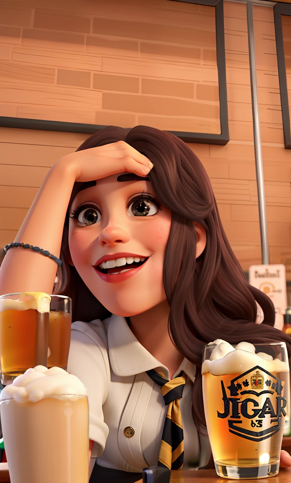 A close up of a cartoon girl sitting at a table with a beer - SeaArt AI