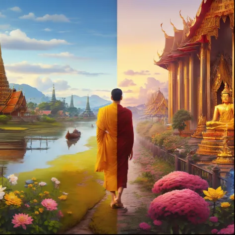 arafed image of a man walking in front of a temple, thailand art, buddhism, 4k highly detailed digital art, beautiful digital ar...