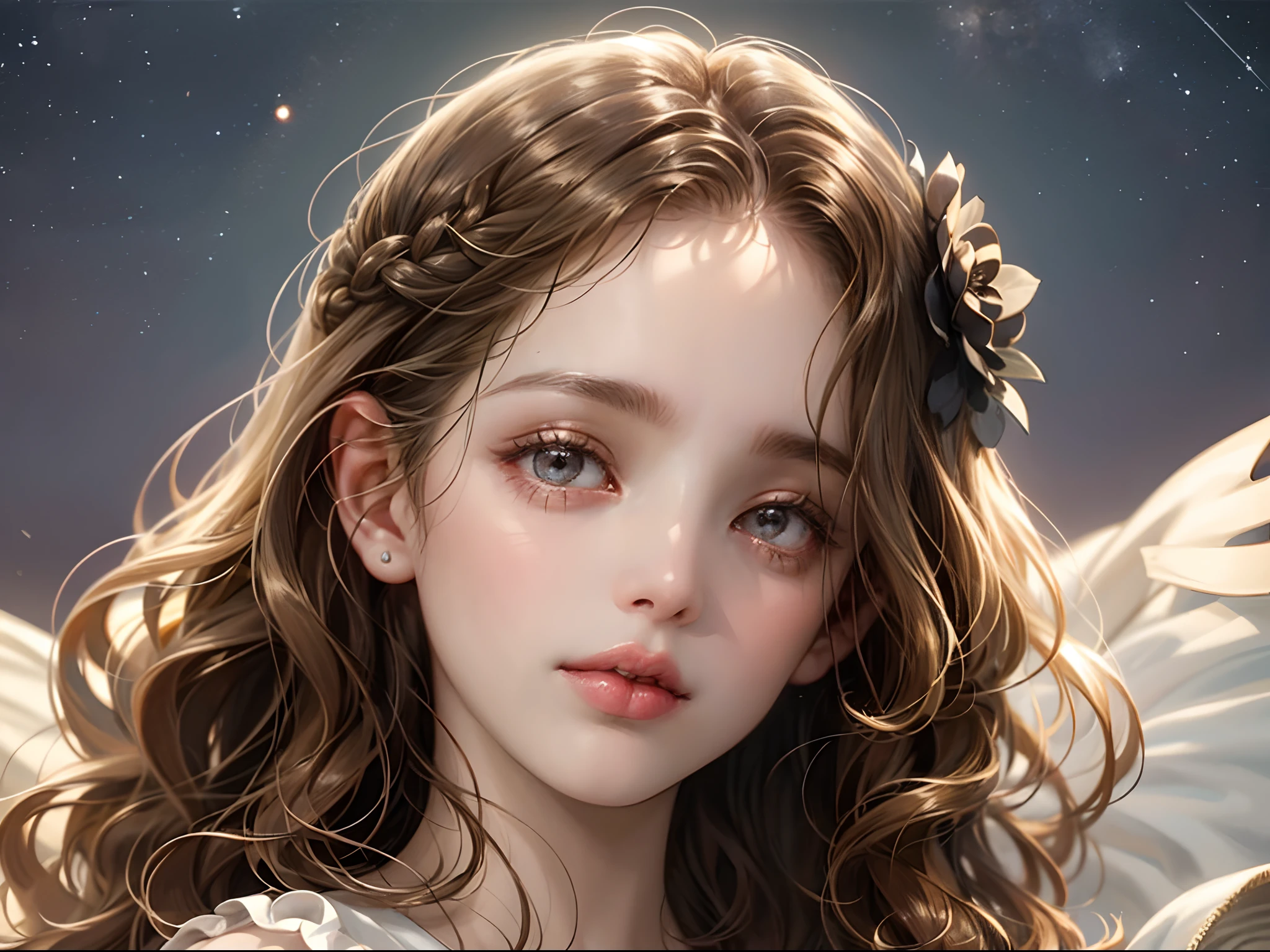 1 year old ，closeup of face，Chubby little face，Big round eyes，Curly hair，Long hair，Q version avatar，Moe，Cute style，Delicate and exquisite，Head portrait，Close-up of the head，starryskybackground，the soft light