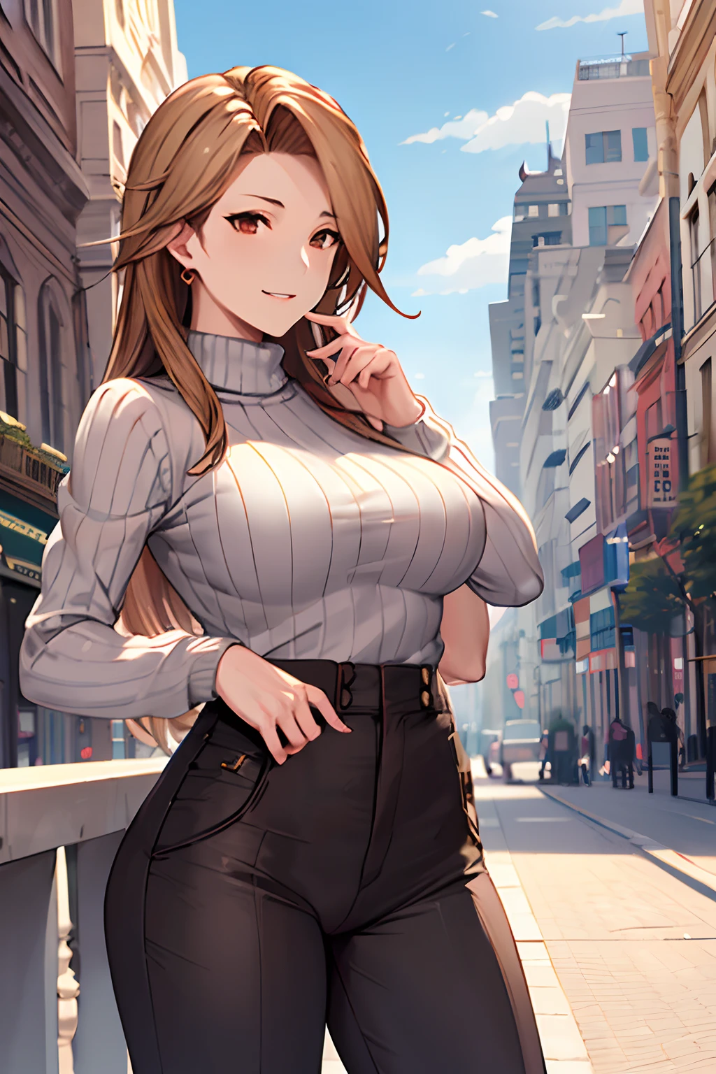 masterpiece, best quality, highres, katalina (granblue fantasy), cowboy shot, outdoors,sweater, ribbed sweater, long sleeves, high-waist pants, city