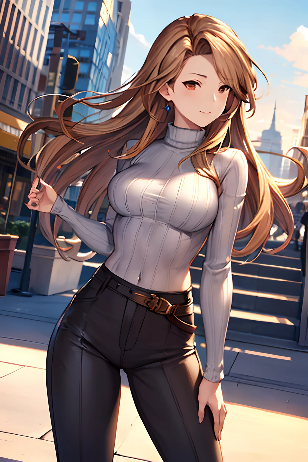 masterpiece, best quality, highres, katalina (granblue fantasy), cowboy shot, outdoors,sweater, ribbed sweater, long sleeves, high-waist pants, city