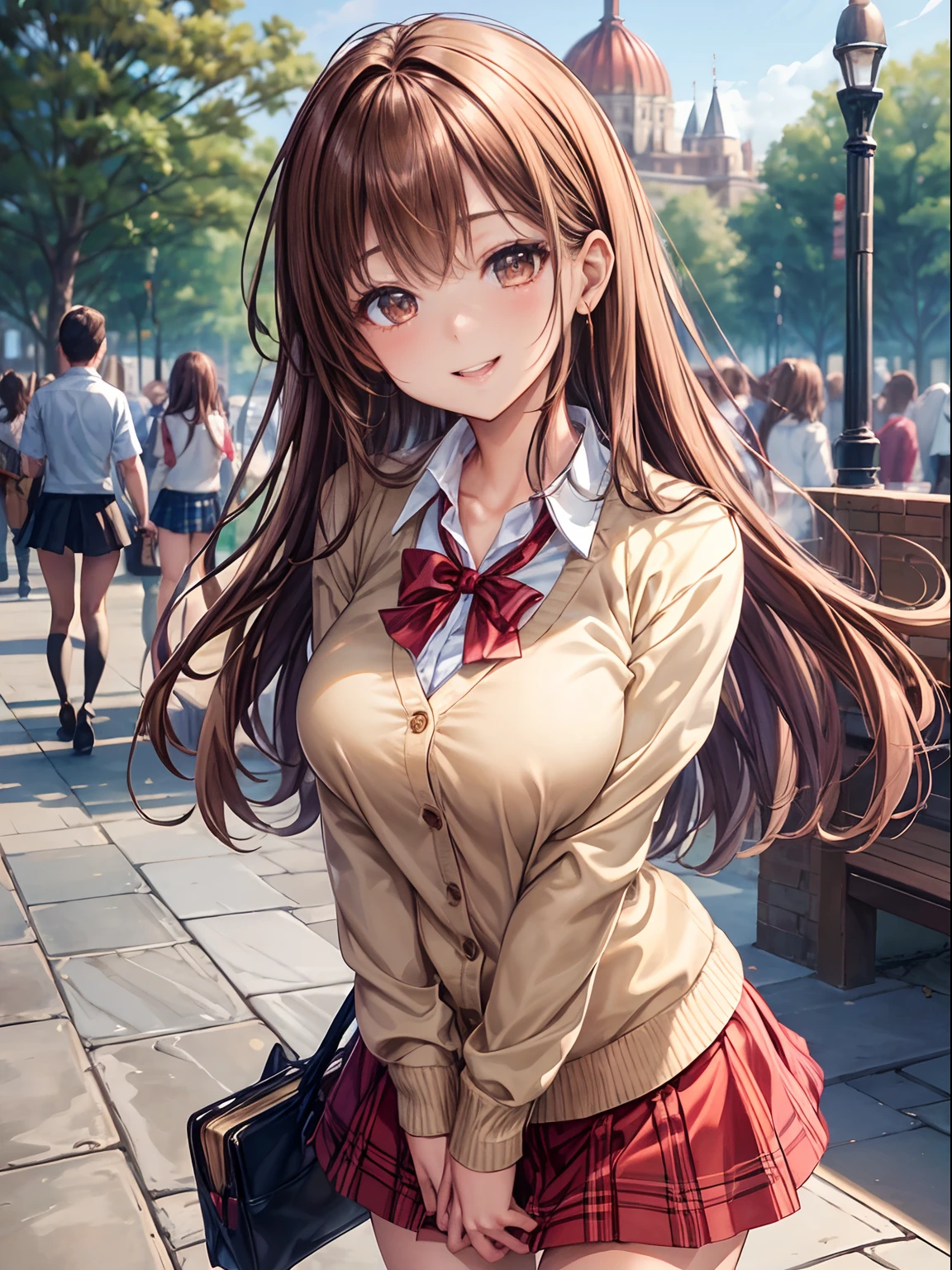 top-quality、Full limbs、complete fingers、Slender beauty、straight haired、brown haired、Beautiful Large Breasts、(Detailed ultra-oily shiny skin:1.1)、oily shiny thighhigh、Shirt with white collar、(Beige cardigan)、Red bow tie、Red plaid miniskirt、Beautiful sister、Play in the amusement park、A big smile