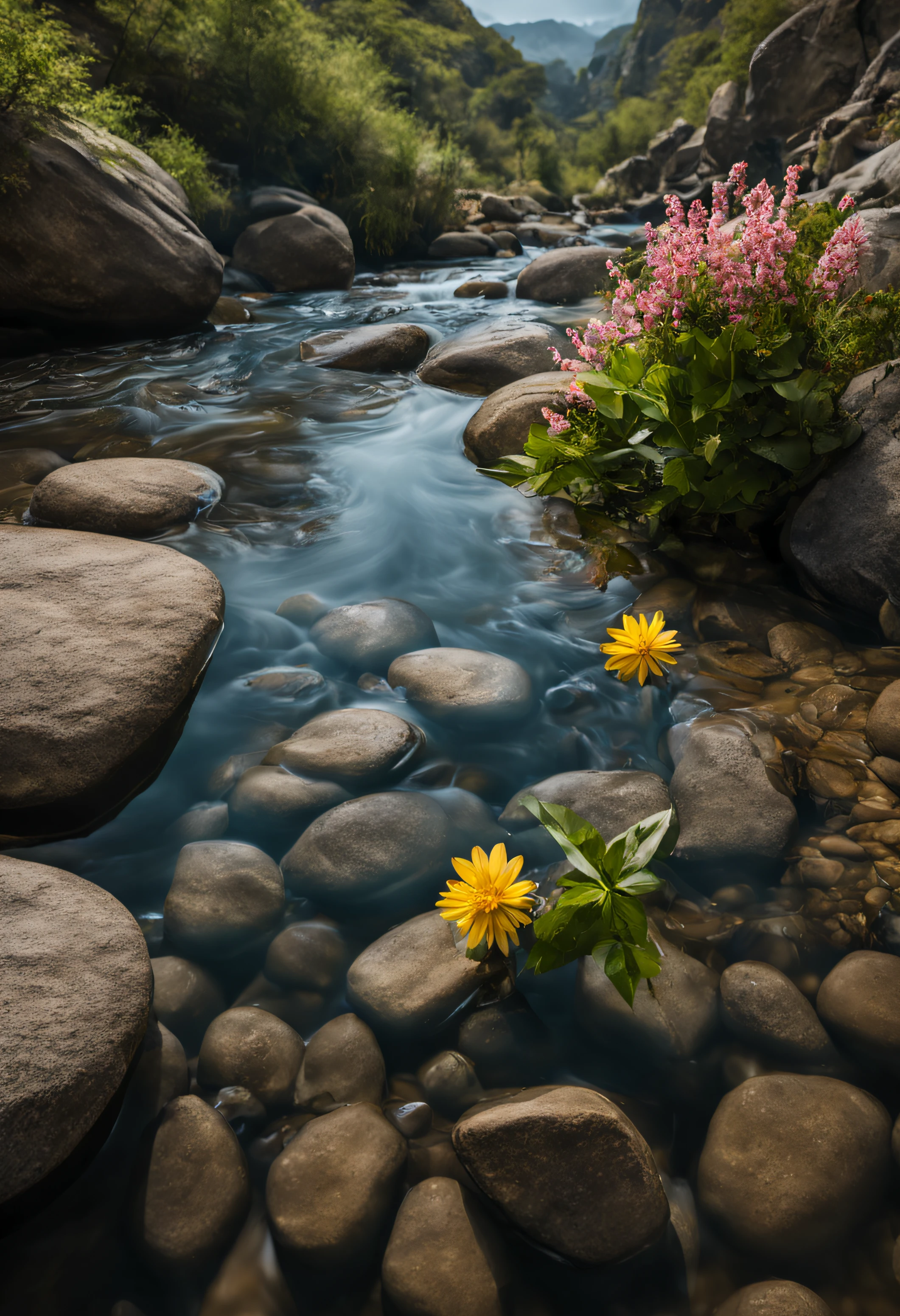 岩の上を流れる静かな川の水, いくつかの花は水中にあり、商業写真の構図を作成しています, 上から見た, 視覚的リフレカンテ, 商業写真, Canon EOS 1D での写真撮影, シグマレンズ 34mm, 超リアリズム, シネマライト, 8k