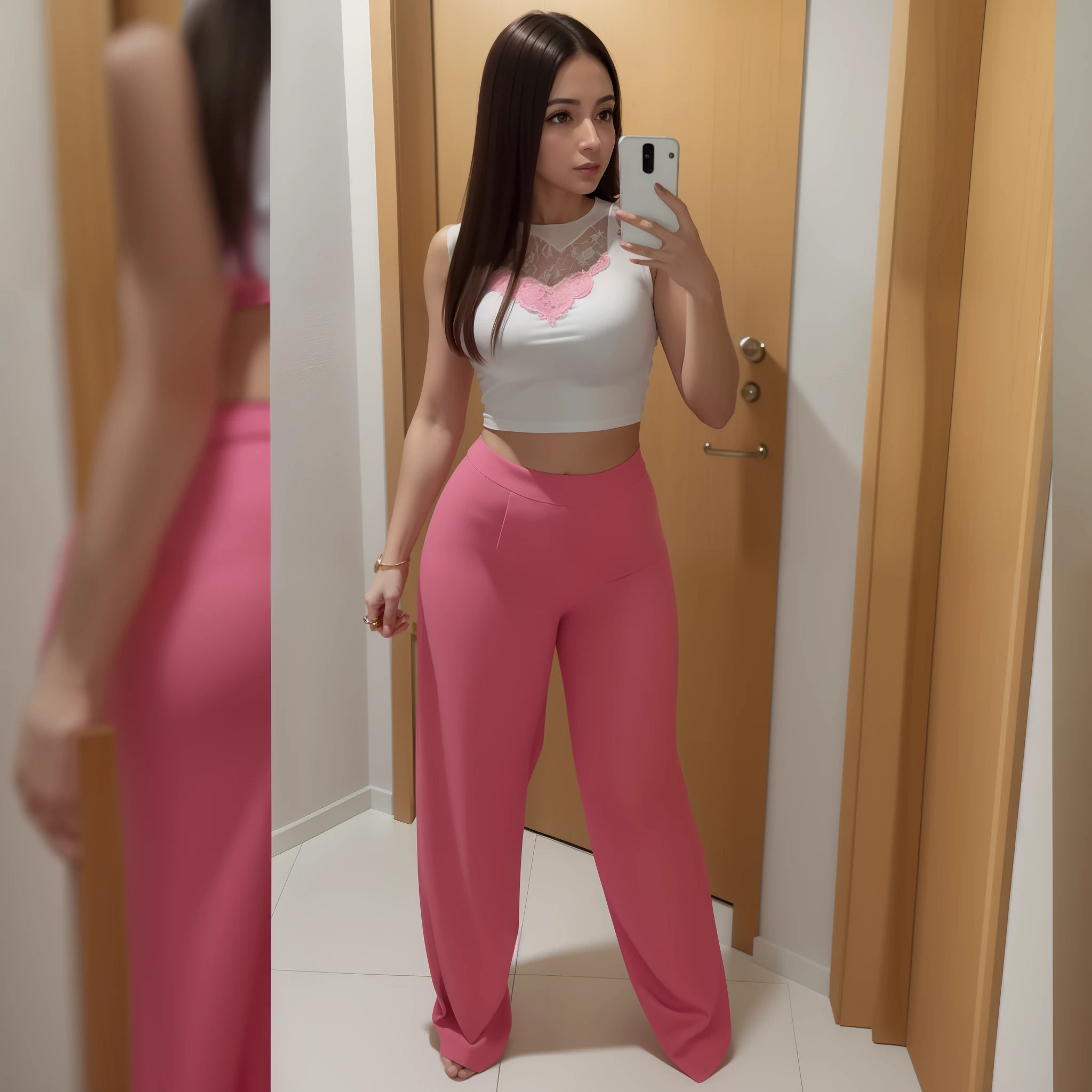 Araffe woman taking a selfie in a pink pantsuit - SeaArt AI