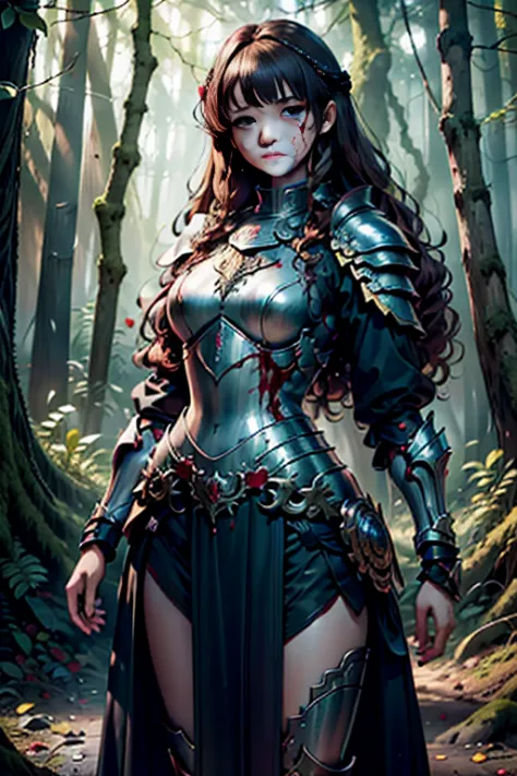 masutepiece、超a high resolution、powerful images、8k、scene inside forest、curly hair、eyes large、blackchain mail、niō standing、1 girl,...