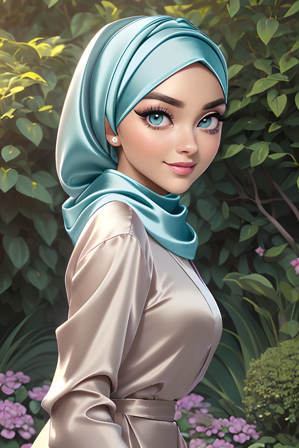 (Masterpiece, realistic, best quality, best lighting, 1 girl photo solo, beautifully makeup, eyeshadow, Parted Lips, Detailed Eyes, beautiful big eyes, long eye lashes, smile, wearing ((Aqua satin headscarf)), loosely tide hijab style, ((Taupe satin shirt)), satin long skirt, walking in the garden, side view