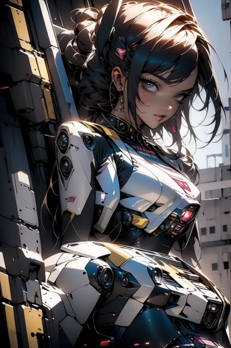 uma mulher adulta poderosa em seu traje mecha mega detalhado, armamento pesado, viseira cyberpunk, grafismos hi-tech por todo o ...