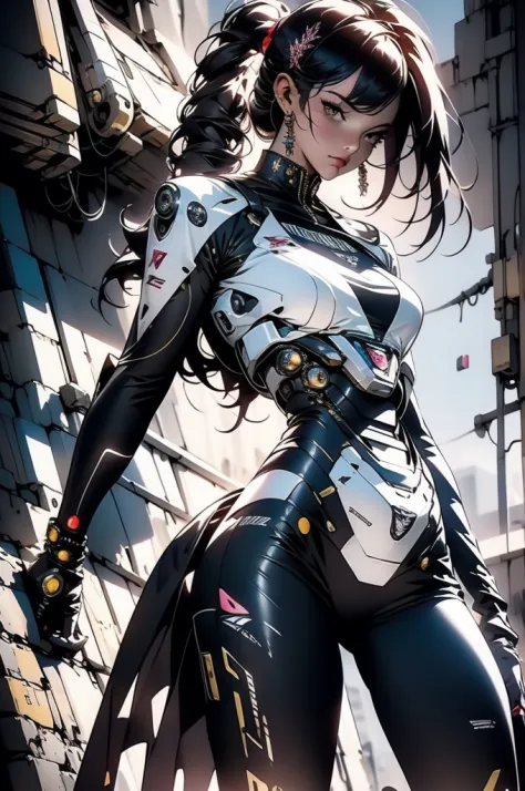 uma mulher adulta poderosa em seu traje mecha mega detalhado, armamento pesado, viseira cyberpunk, grafismos hi-tech por todo o ...