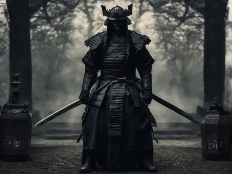 Samurai in a black samurai mask from the Sengoku period meditates on his lap(Meisterwerk) (8K High definition) (Top quality) (Ultra-Definition) (Foto roh) (Dunkler Hintergrund)