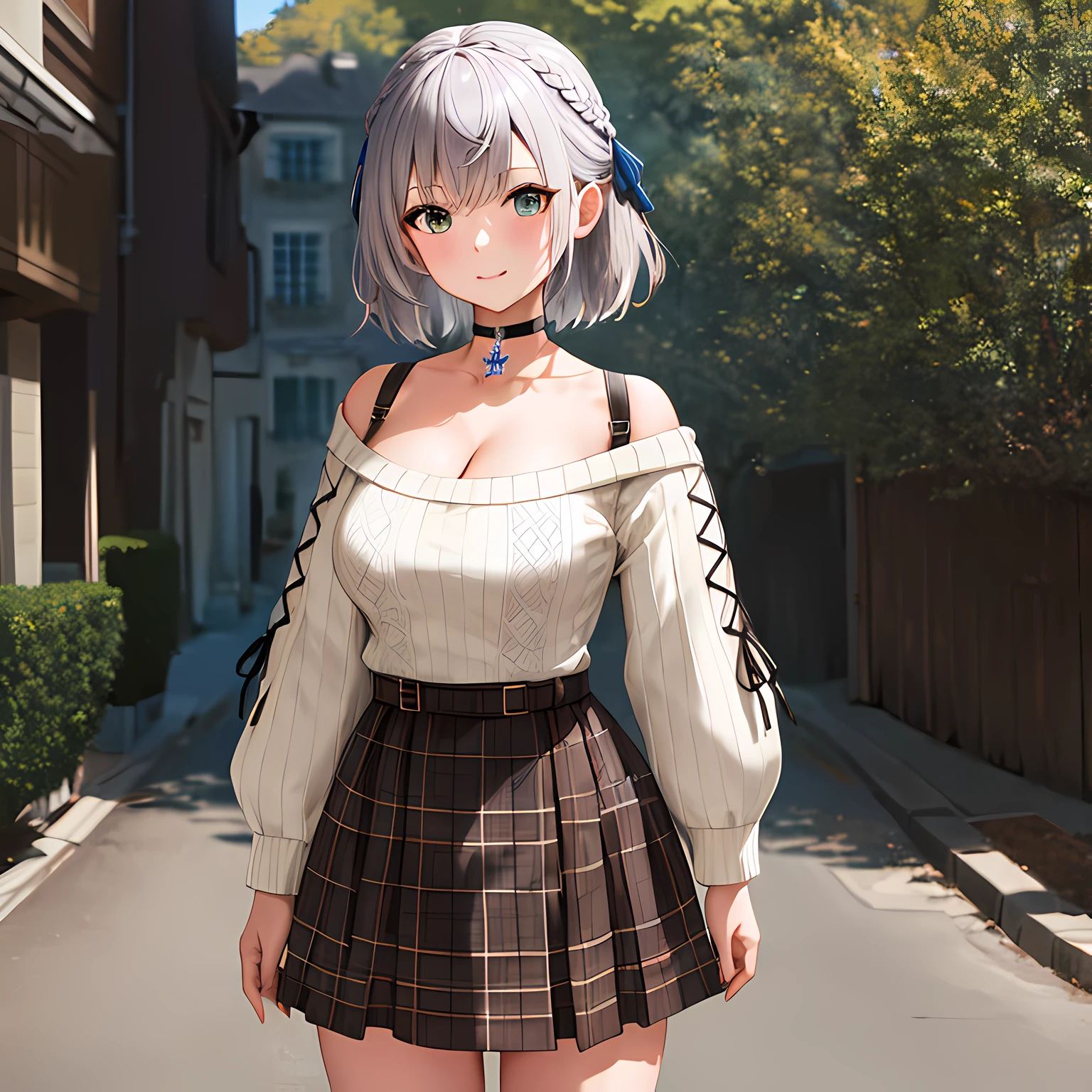 masterpiece, best quality, highres, ccnoel, short hair, french braid, hair ribbon, black choker, collarbone, cleavage, off-shoulder sweater, white sweater, plaid skirt, street, cowboy shot, standing,