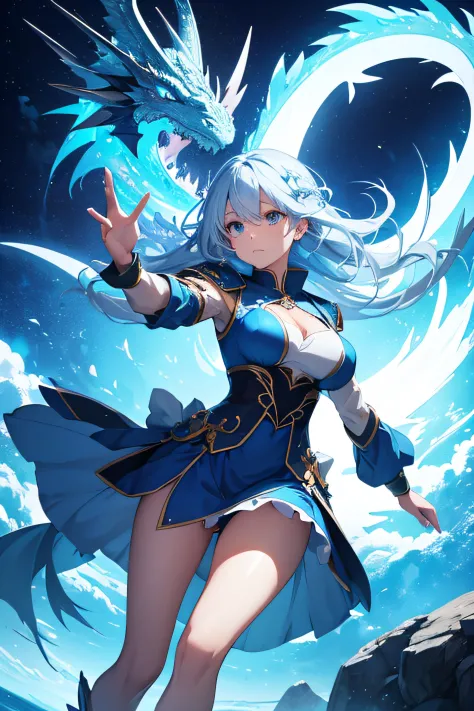 a girl with blue dress and white hair in dragon hunter style, floating in the air together with a large blue dragon, in HD, beautiful and with a powerful aura, 4k