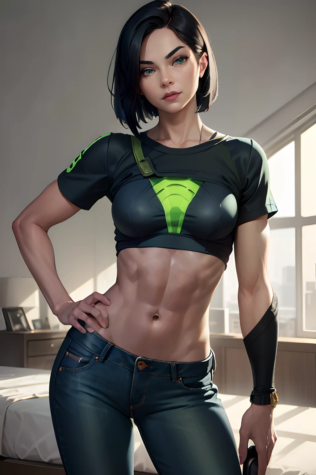 (best quality, masterpiece:1.2), 1 girl, detailed hair, detailed eyes, detailed lips, valorantViper, green eyes, glowing eyes, small mouth, small breasts, [abs:0.4], t-shirt, showing abs, jeans, bedroom, looking at viewer, glare, smirking, left hand to hips, no weapon, realistic colors, studio lighting, no mask, black background