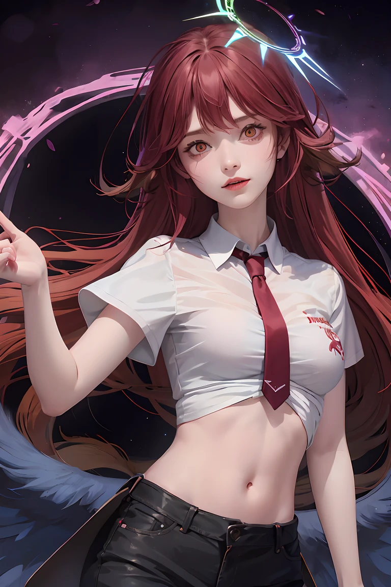 Makima, Control Demon is a woman with long reddish-brown hair, Camisa manga larga, corbata negra, pantalones negros tocando su cara con sangre, Riendo, es un personaje ficticio, perteneciente al anime Chainsaw Man. cuerpo completo, ambiente de terror oscuro, rojo, bien detallado, Horror cosmic,Ambiente nocturno, Horror cosmic,, sentado bajo la lluvia, Full Wardrobe Good Lighting