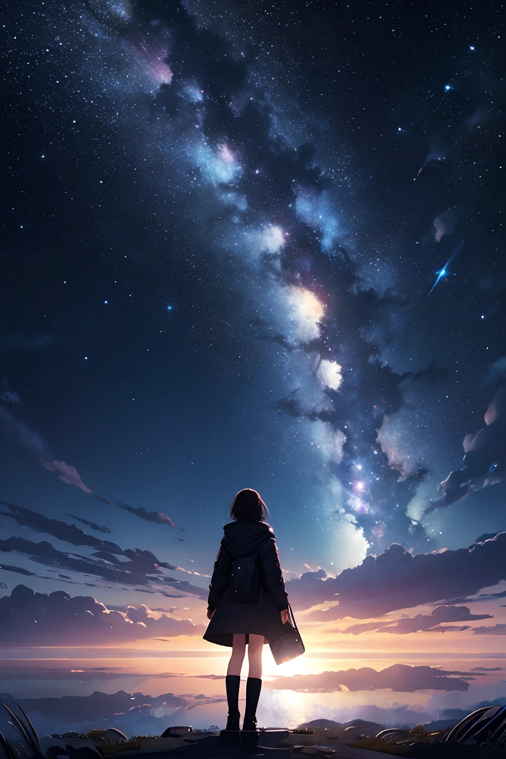 ​masterpiece、Background with（（Fantastic starry sky、kosmoeteor swarm、black hole、Irridescent color））depth（（planetes））、A person is standing in the distance、A girl who can't be seen