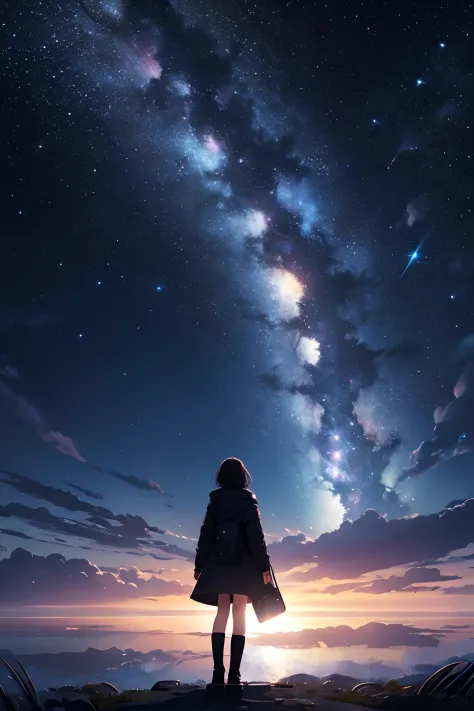 ​masterpiece、Background with（（Fantastic starry sky、kosmos、Meteor swarm、black hole、Irridescent color））depth（（planetes））、A person is standing in the distance、A girl who can't be seen