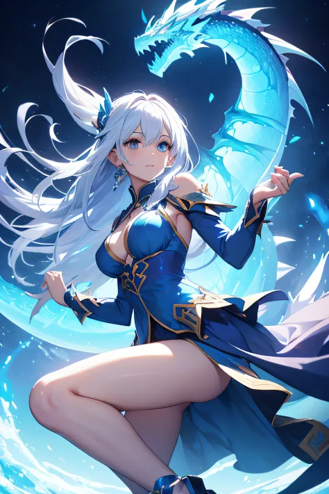 a girl with blue dress and white hair in dragon hunter style,mouint in the air with a large blue dragon, in HD, beautiful and with a powerful aura, 4k, details