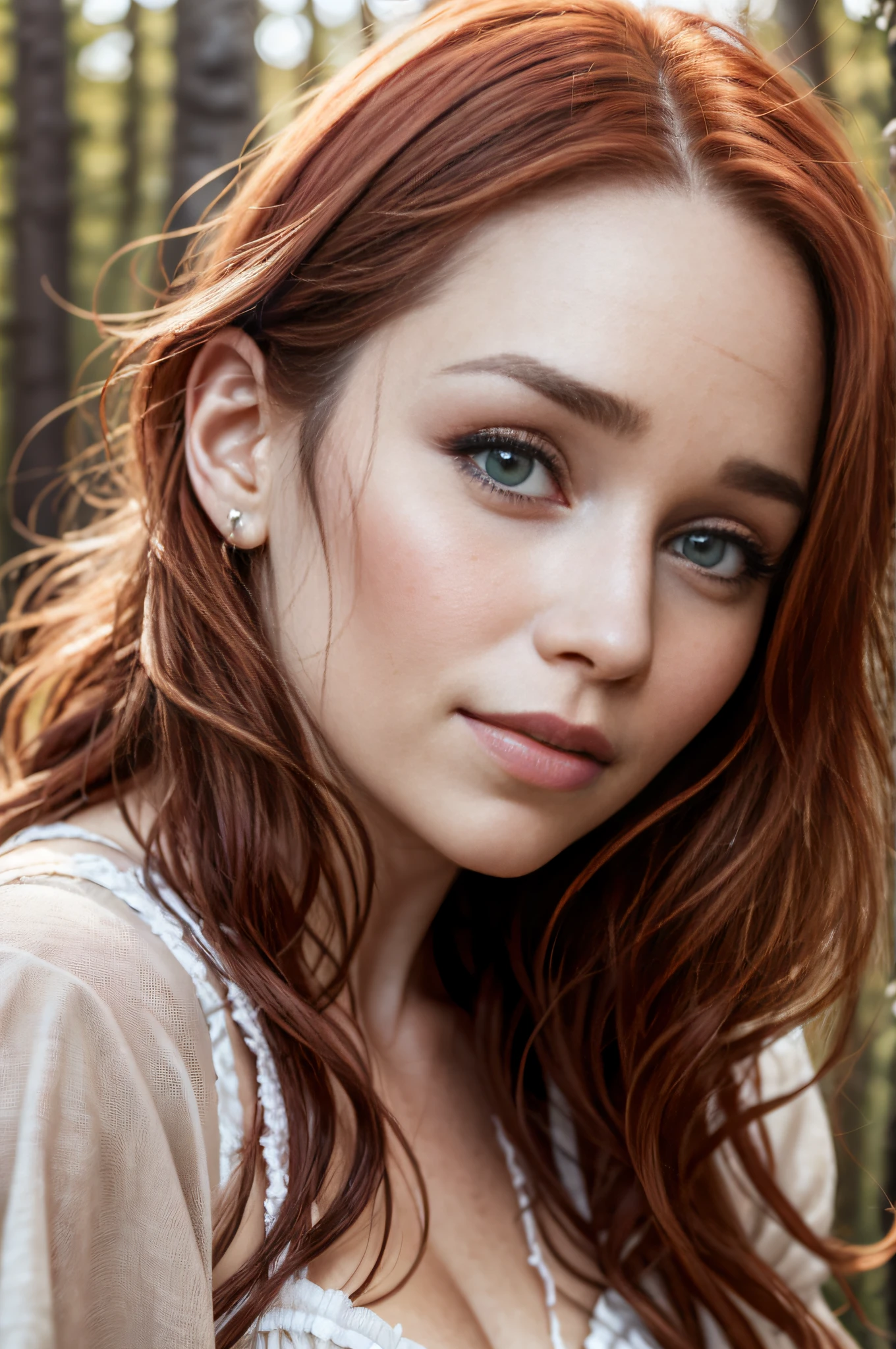 Portrait of a 32-year-old red-haired woman, Emilia Clarke, close-up chest, cream-colored linen bustier, hands in hair, ultra detailed skin texture, sexuality, seduction, loving look, slight smile, river, rock, forest, setting sun, dynamic light, contrast, cinematic rendering, 32K, RAW