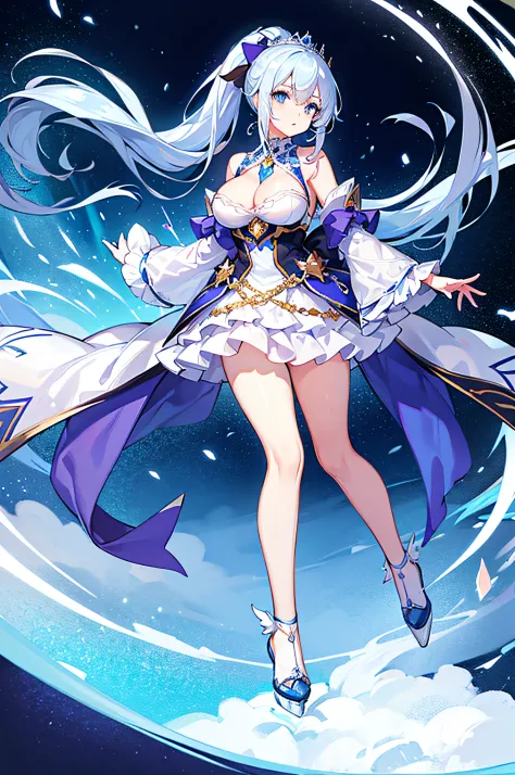 4k,hight resolution,One Woman,White-blue hair,Long ponytail,Bright blue eyes,large full breasts,hime,Dresses made of ice,Princess Tiara,jewel decorations,Castle made of ice,nigh sky,Background of the Oora Borealis