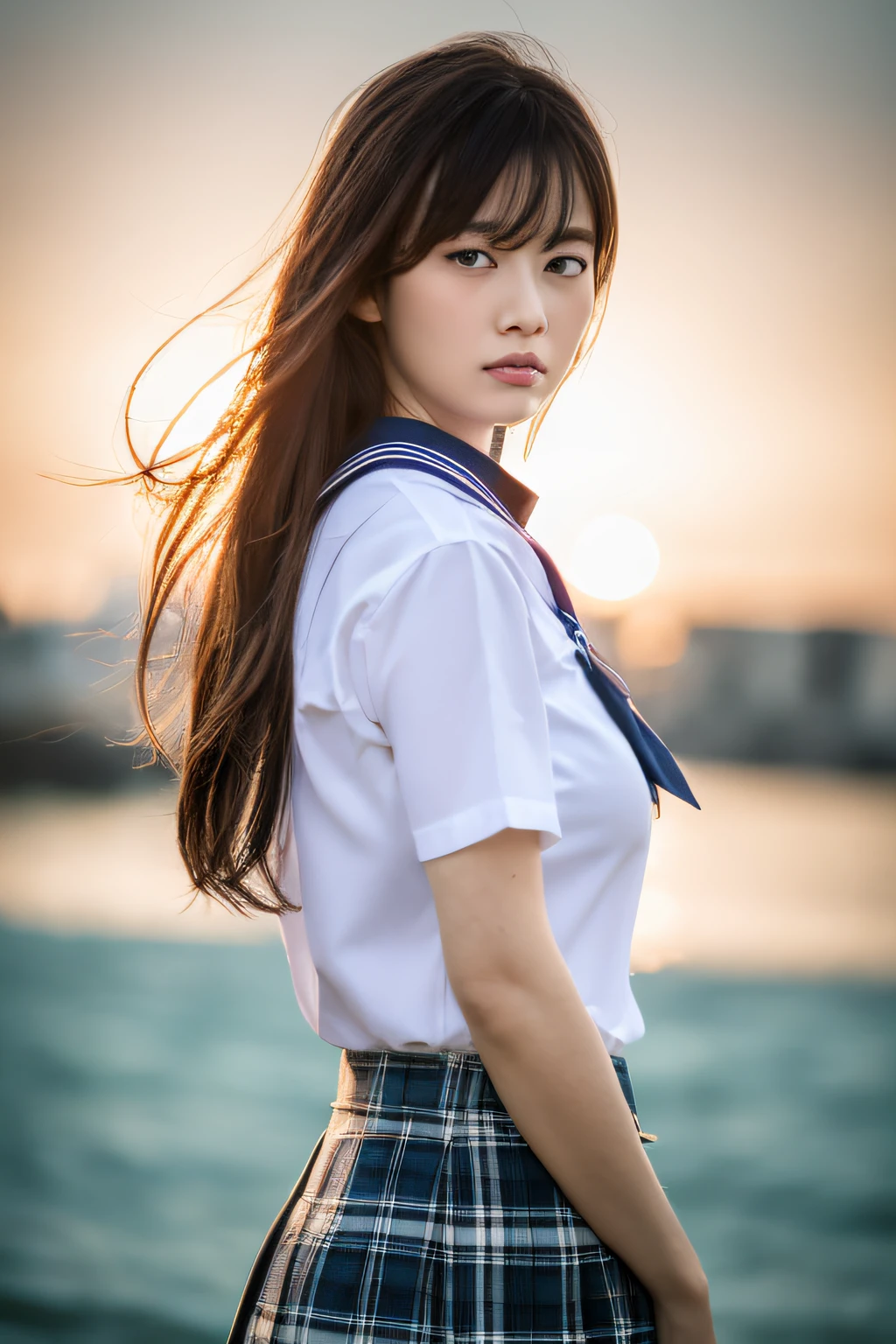 8K raw photo, Best quality, masterpiece, ultra high res, 3d, realistic, 1girl, asian, serious face, black_hair, black_sailor_collar, long_hair, nose, school_uniform, neckerchief, natural skin texture, light brown_eye, detailed eyes and face, lips, lipstick, beautiful legs, enormous breasts, beautiful seaside location, (detailed background), plaid skirt, white shirt, enormous breast, blurry background, short sleeves