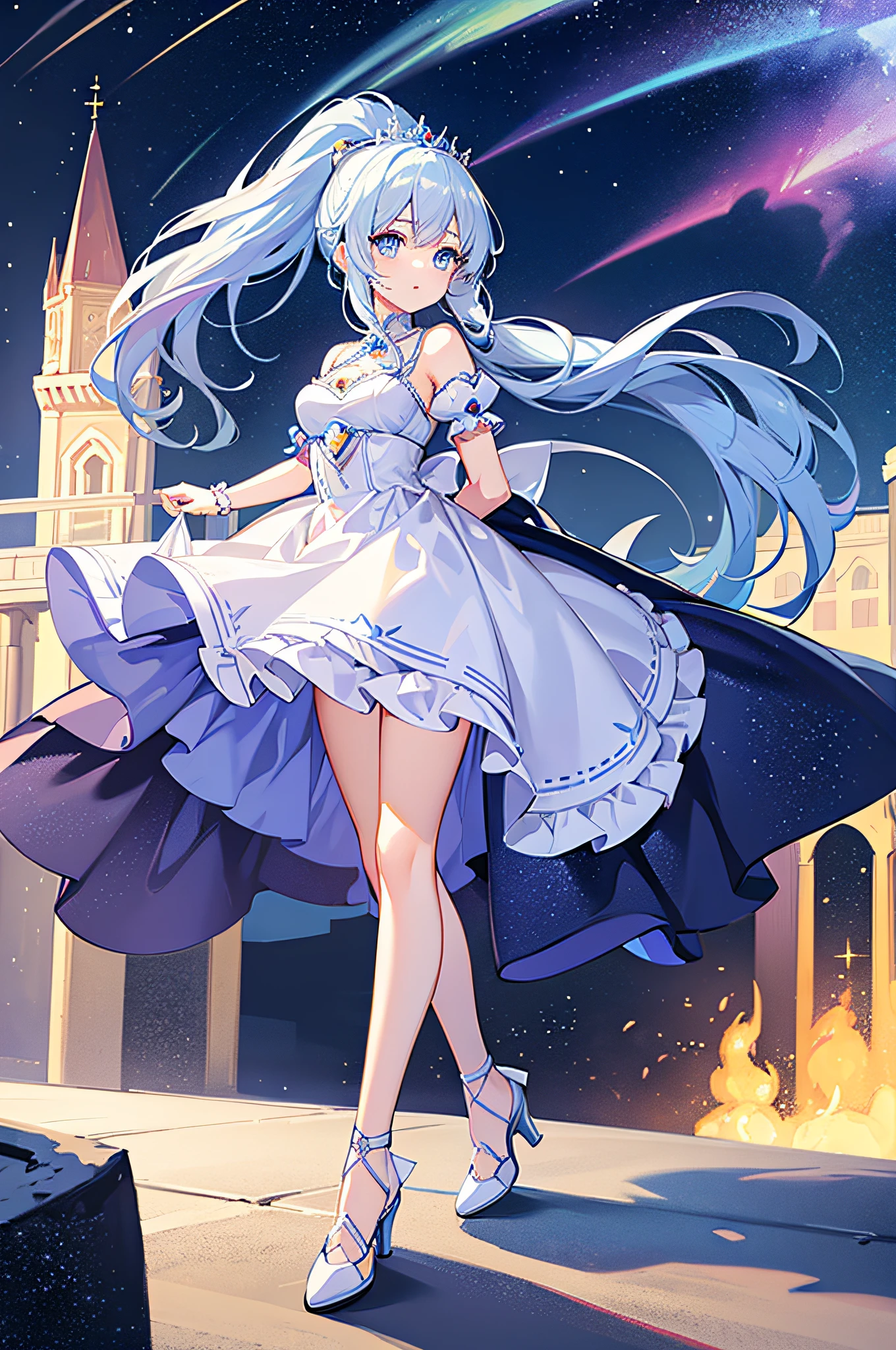 4k,hight resolution,One Woman,White-blue hair,Long ponytail,Bright blue eyes,hime,Princess dress made of ice,Princess Tiara,jewel decorations,Castle made of ice,nigh sky,Background of the Oora Borealis