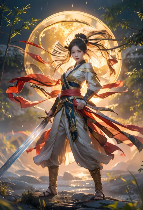 fantasy, Landscape photo of the forest, Chinese martial arts style, The skin is wet and shiny, (A 25-year-old girl samurai wears a black combat uniform，Hold a sword with gold details and glowing, Golden cape), (In a dense bamboo forest，Forest path, Night, ...