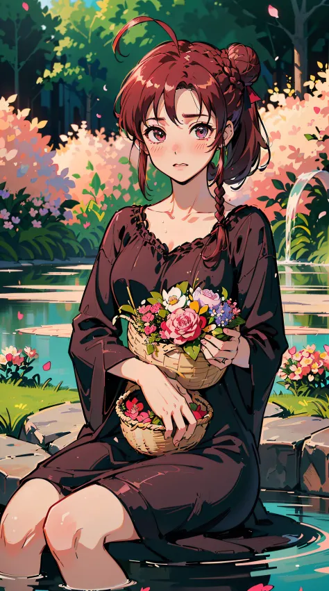 (((((((a large basket of flower,blushing,winked,cute cheeks,burgundy hair，black nightgown))))))，((1girl,solo,under-aged,11years ...