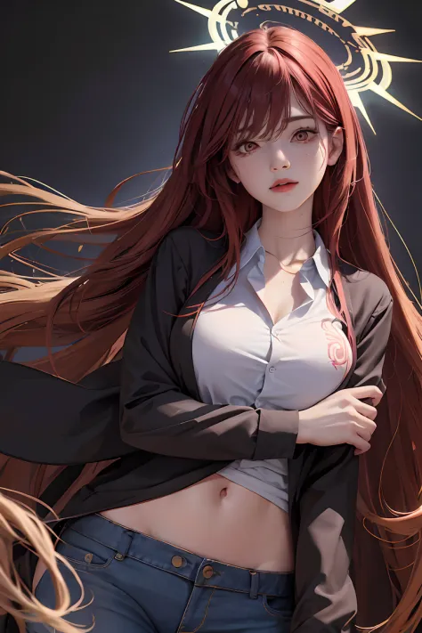 Makima, Control Demon is a woman with long reddish-brown hair, Camisa manga larga, corbata negra, pantalones negros tocando su c...