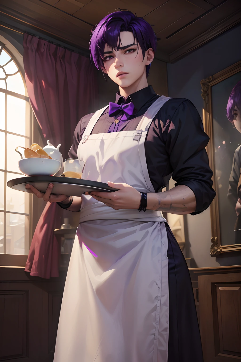 (a young waiter with short and purple hair combed to the sides holding a tray in his hand,purple hair,purple tray,medieval restaurant),oil painting,ultra-detailed,portrait,vivid colors,warm lighting,(best quality,4k,8k,highres,masterpiece:1.2),ultra-detailed,(realistic,photorealistic,photo-realistic:1.37),HDR,UHD,studio lighting,ultra-fine painting,sharp focus,physically-based rendering,extreme detail description,professional,vivid colors,bokeh