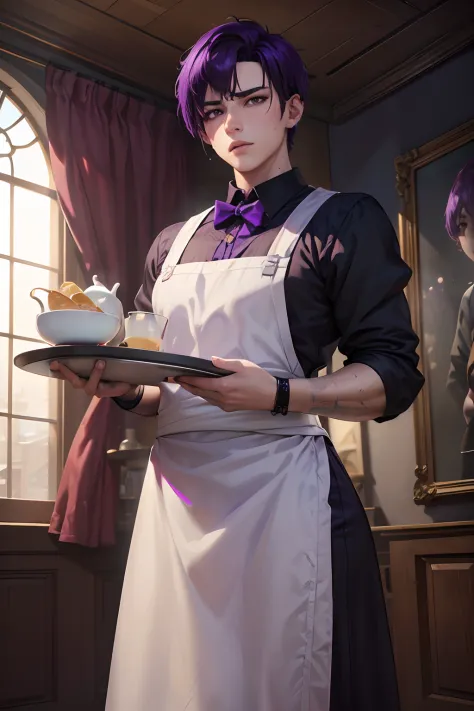 (a young waiter with short and purple hair combed to the sides holding a tray in his hand,purple hair,purple tray,medieval resta...