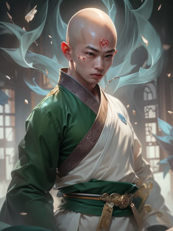 Handsome Shaolin monk、(((1 juvenile，bald-headed，buddhist monk，full bodyesbian，tear-mole:)))full bodyesbian，Sharp eyes，Clear facial features，Angular，dressed white hanfu，Chinese Kung Fu，Powerful dynamic posture，The body is surrounded by purple mist，Runes surround you，Martial arts action，Holographic reality，holographic halo，dynamic blur，Game lighting effects，rim-light，Soft light，cinematic rim light，The light is delicate