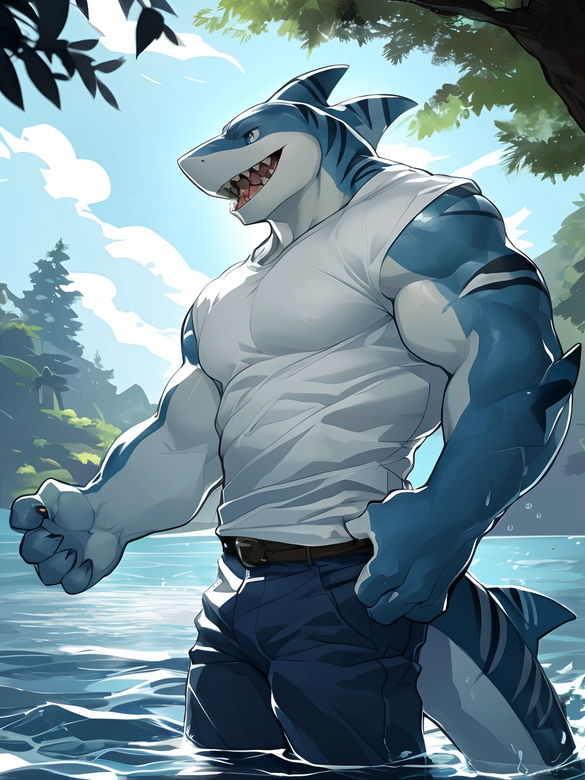 hi res,(shark, finless shark), anthro,4 fingers, aqua blue eyes, blue pants, white shirt, male, muscular, muscular anthro, muscular male, tail, outside, plant, light blue body, sea, solo, tree, (water), detailed background,by milkytiger1145,by takemoto arashi,by null-ghost, cold atmosphere, open smile, soft blue blush