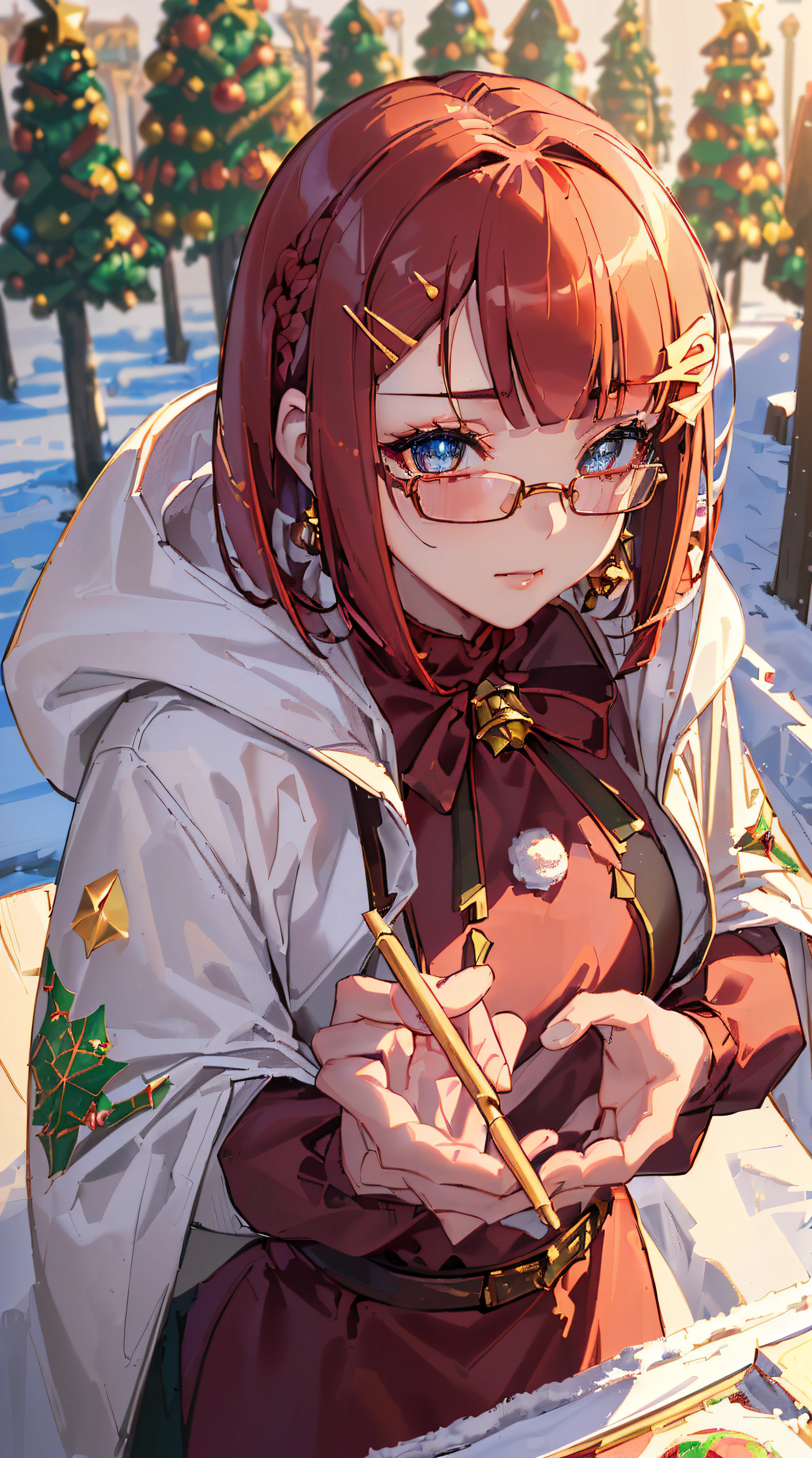 ((((christmas theme,meticulous portrayal of face，1 noblewoman，a matural female，))))(pink dress long coat，)(dark night background+,perfect background)，Prom，Court etiquette，  s the perfect face， Perfect lips， perfect  eyes,)(((opera style,red hair,baggy coat,large hoodie,golden square eyewear)))，((1lady,adorable korean mixed race of Saudi Arabia girl，rosto magro，Solo,smokey makeup,smug,))(Masterpiece,Best quality, offcial art, Beautiful and aesthetic:1.2),((超高分辨率,Golden ratio,)) (16k),((((christmas trees,snowing,intense shadows,strong rim light,))))((melon face，from above，1JK,bells,candy sticks)),(Physically-based rendering),Amazing,Sharp focus, (((highdetailskin,))),Intricately detailed clothing，red pupils,Hexagram pupils,intricate pupils,((((detailed hair|short hair|long bangs|blunt bangs)))),((Slender,))(masterpiece sidelighting),(The sheen),(beautiful hair,beautiful eyes,）[[Delicate fingers and hands:0.55]::0.85],(Detail fingers),(((Superior quality)))),((unbelievable Ridiculous,)),((extremely_Detailed_Eyes_and_face)),Movie girl,(Dynamic configuration: 1.2),Brilliant,Beautiful woman, (Photorealistic),( maple,), mitts, triangle crystal earrings, ((hairclip)), Light particles, view to the sky,  petals, Side Rock,, two-sided fabric