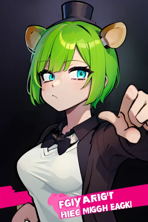 anime female short green hair and pink eyes wearing a Fnaf chica suit no background thumbnail