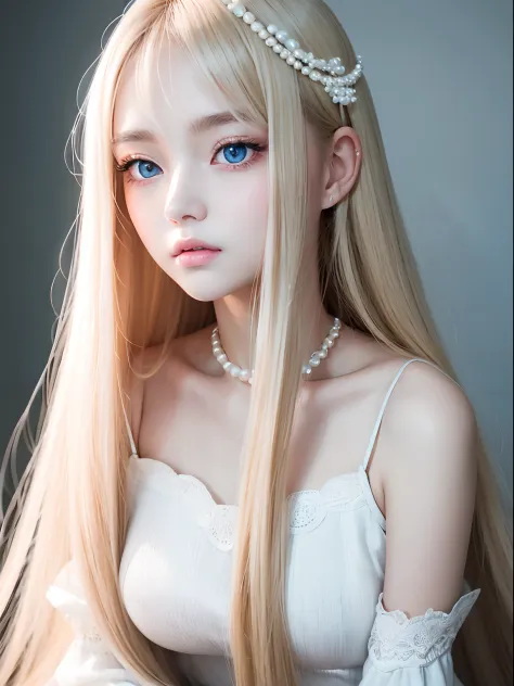 Extremely beautiful face、Small face beauty、Super long silky pearl blonde hair、Hair Play、long bangs hanging on the face,,,,,、15 year old cute beautiful girl、White beautiful skin、glowy skin、Teak Gloss、Gloss Face、Bright, Pale marine blue eyes glow、big eye、wit...