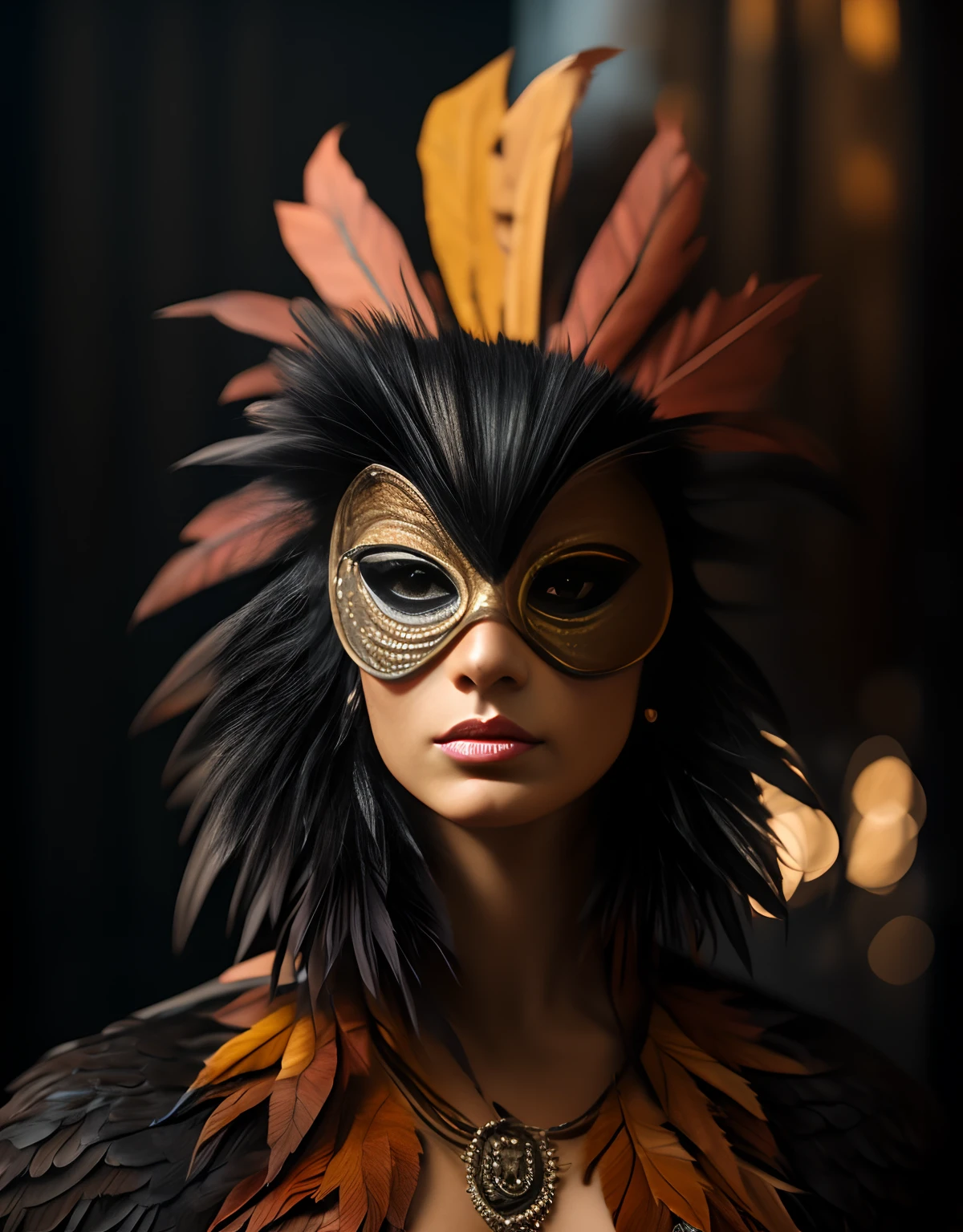 A realistic American turkey bird, Happy Thanksgiving, ultra realistic, very detailed, angry, masterpiece, 8k, portrait, sexy woman, mask party, costume , busty, beautiful