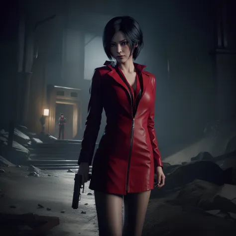 hd, ada wong, beautiful face, bob hair, red coat with black nail polish,  glare, holding a gun