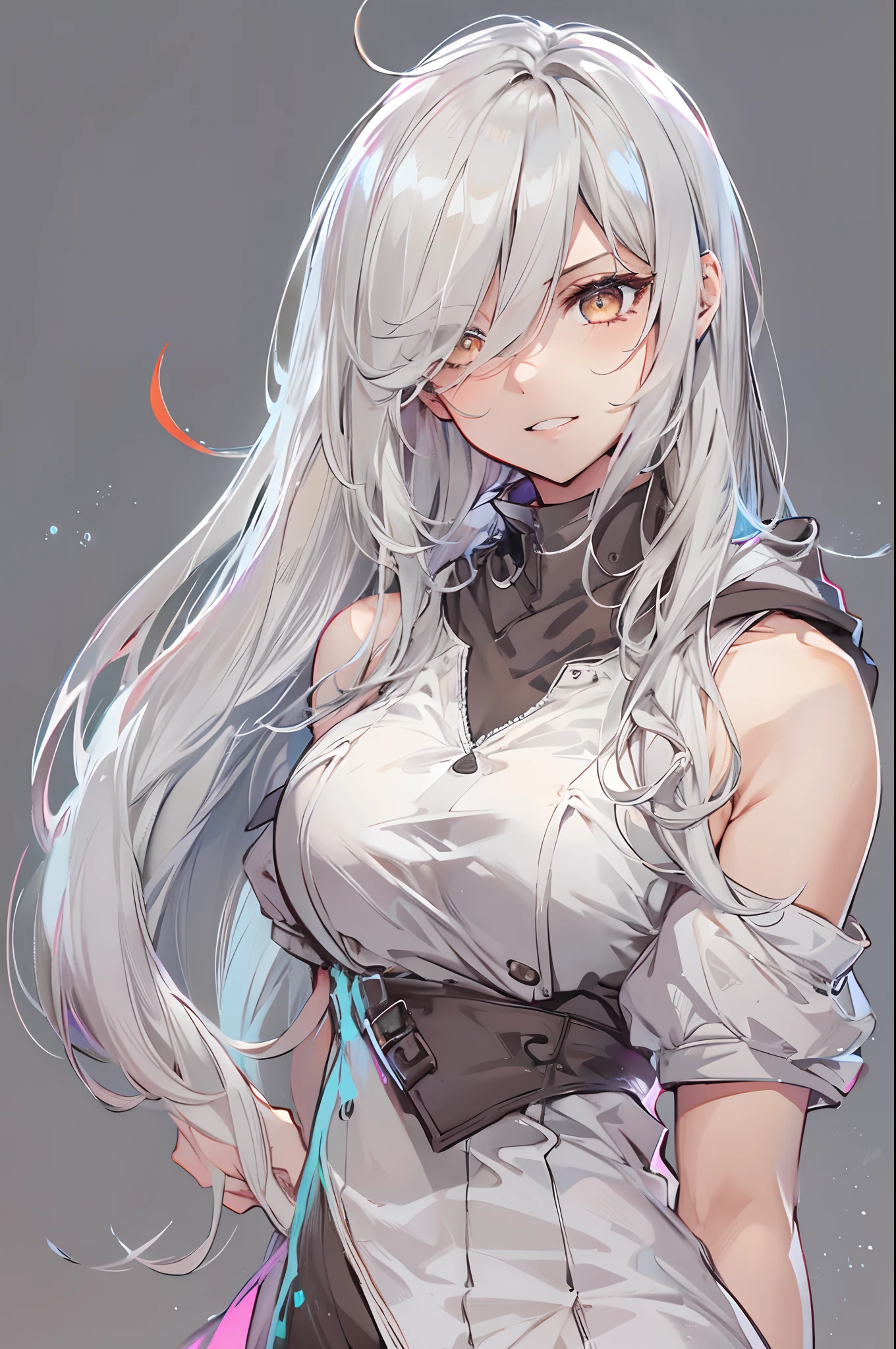 1girl, {solo}, upper body ,{{ {looking at viewer}}}, arm at side, concept art, white background, simple background, white hair, silver gradiient hair , complex cloth, asymmetrical clothes, virtual youtuber, best quality, masterpiece, dynamic angle, guilty gear, guilty gear, guilty gear, cowboy_shot, looking_back, grabbing, girl,woman,female, young,20 years old, very long hair, flipped hair, silver hair, flowing hair, ahoge, smirk, beautiful and delicate golden eyes, teeth, medium_breasts, blonde eyes, white skin, coat, hoodie, black_shorts, grey Clothes, transparent_background, backlighting, absurdres, highres, ultra detailed,