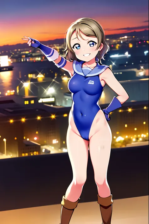 watanabe you, masterpiece, best quality, highres, 1girl, solo, superhero, leotard, bare legs, boots, matching boots, sleeveless, gloves, matching gloves, looking at viewer, city backdrop, blue and white leotard, standing, hands on hip, full body shot, smil...