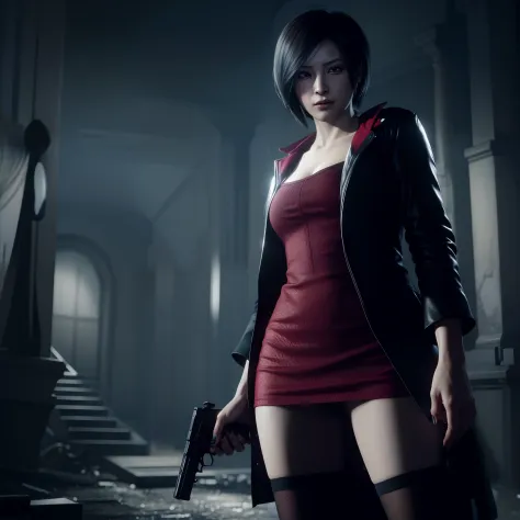 HD, ada wong, beautiful face, bob hair, red coat with black nail polish,  glare, holding a gun