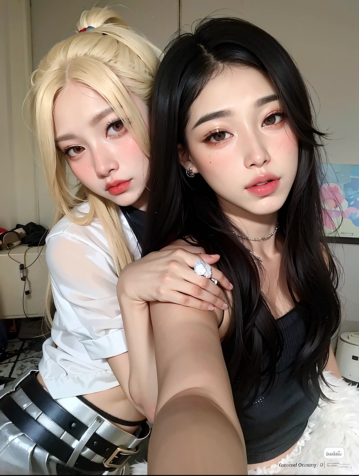 duas mulheres com cabelos loiros e tops pretos posando para uma foto, Ulzzang, garota gótica coreana cruel, com preto, nixeu e sakimichan, pele branca de porcelana pálida, são pixivs e junji, pele pálida e olhos escuros, com cabelos longos brancos, ava max, com pele pálida, maquiagem sul-coreana popular, cabelo loiro muito claro