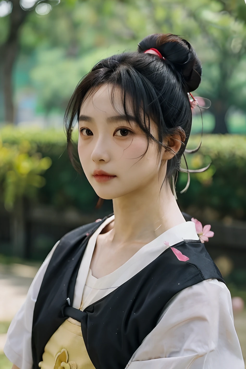 1girls, idol, close up shot, clavicle,  ,, Photograph, Skin, Depth of Field, skin texture, t-shirt, Rubber Band, Top knots, long-haired, messy hair, flower hairpin,wuxia outfit