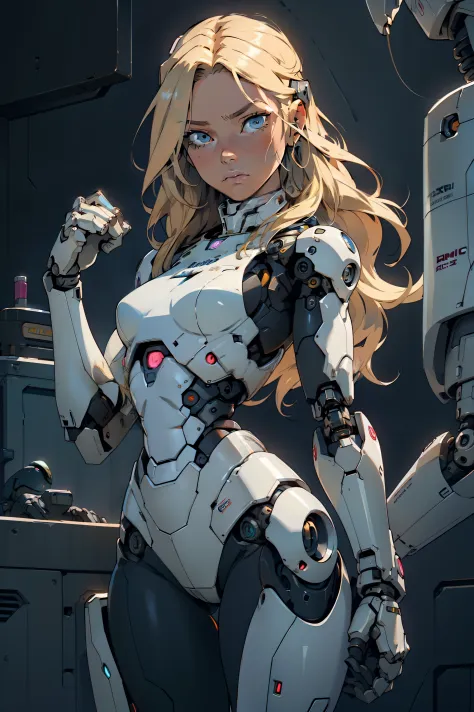 high quality, 4k, masterpiece, beautiful, cyborg girl, cowboy shot, dull eyes, looking at viewer, long blonde hair, girl, small breasts, thick thigh, robotic arms, robotic body, cyborg body, intricate detail, joint, detailed lines, robitic detail, holding ...