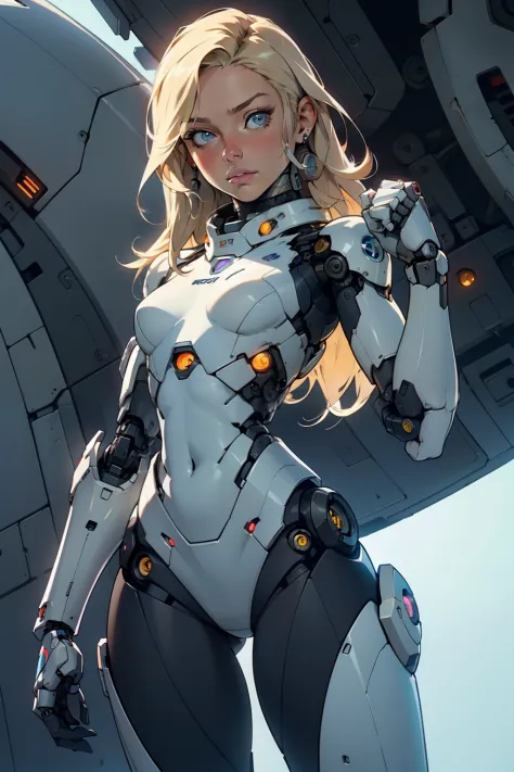 high quality, 4k, masterpiece, beautiful, cyborg girl, cowboy shot, dull eyes, looking at viewer, long blonde hair, girl, small ...