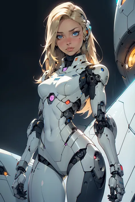 high quality, 4k, masterpiece, beautiful, cyborg girl, cowboy shot, dull eyes, looking at viewer, long blonde hair, girl, small breasts, thick thigh, robotic arms, robotic body, cyborg body, intricate detail, joint, detailed lines, robotic detail, holding ...