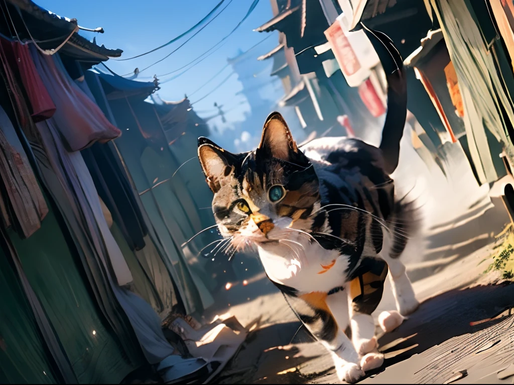(chat calicot, 1.4), (vue sur la rue asiatique ancienne, 1.4), plan large, panorama, Des couleurs à la Ghibli, anatomiquement correct