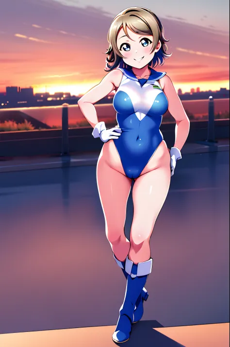 watanabe you, masterpiece, best quality, highres, 1girl, solo, superhero, leotard, bare legs, boots, matching boots, sleeveless, gloves, matching gloves, looking at viewer, city backdrop, blue and white leotard, standing, hands on hip, full body shot, smil...